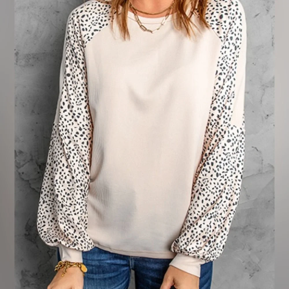 *Last One* Plus Size Cream Ribbed Top w/ Leopard Print Balloon Sleeves, 2X - Picture 3 of 14